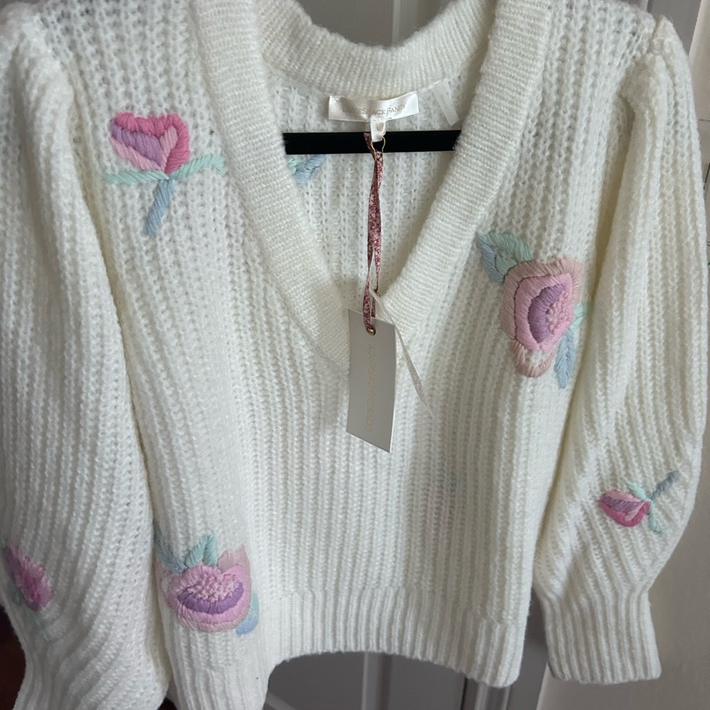 NWT LoveShackFancy Ridge V Neck Floral Embroidery Sweater Pullover M - Picture 12 of 17